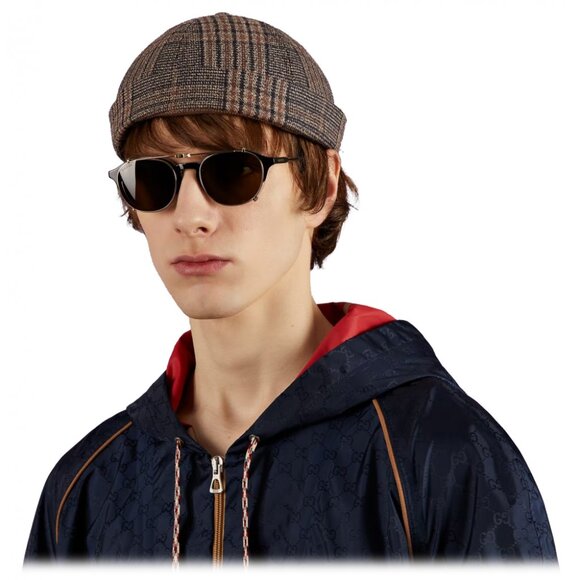 Gucci GG1212S 002 Round Sunglasses - Black/Crystal with Gold Clip-On Brown - Picture 4 of 12